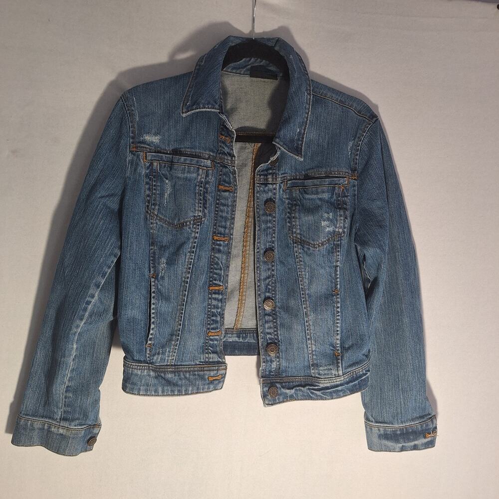 Y2K New York & Co Sz M Distressed Trucker Jean Jacket Grunge Fall Layer Piece